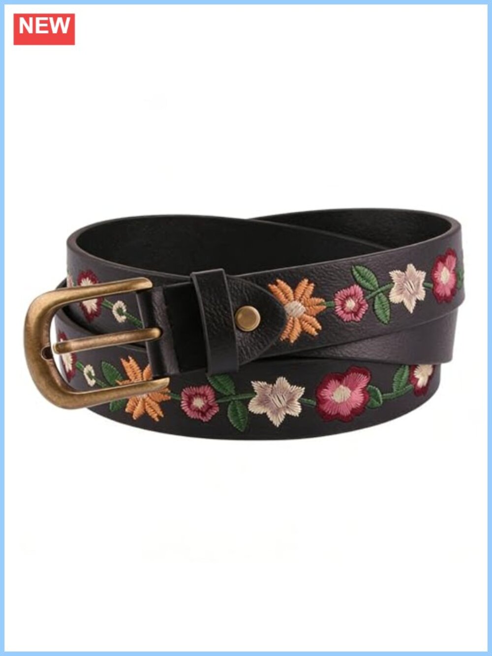 PU Leather Floral Embroidered Belt Western Boho Country Style